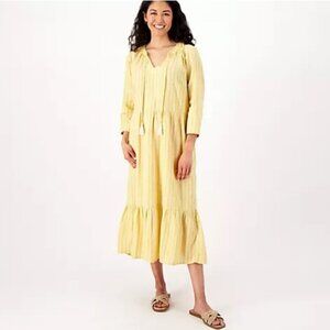 Denim & Co. Naturals Printed Regular Midi Dress with Tassel  S Rich Gold